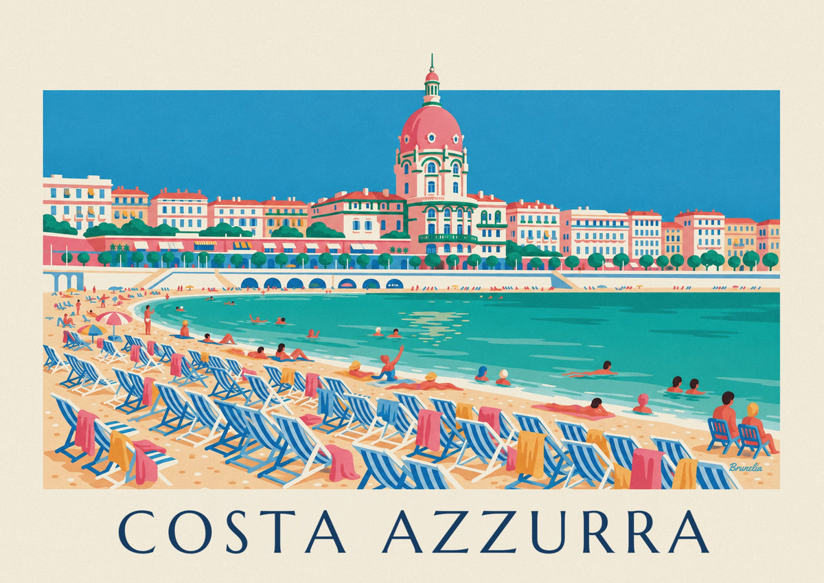 Poster bagnanti e sdraio sotto la Promenade des Anglais a Nizza
