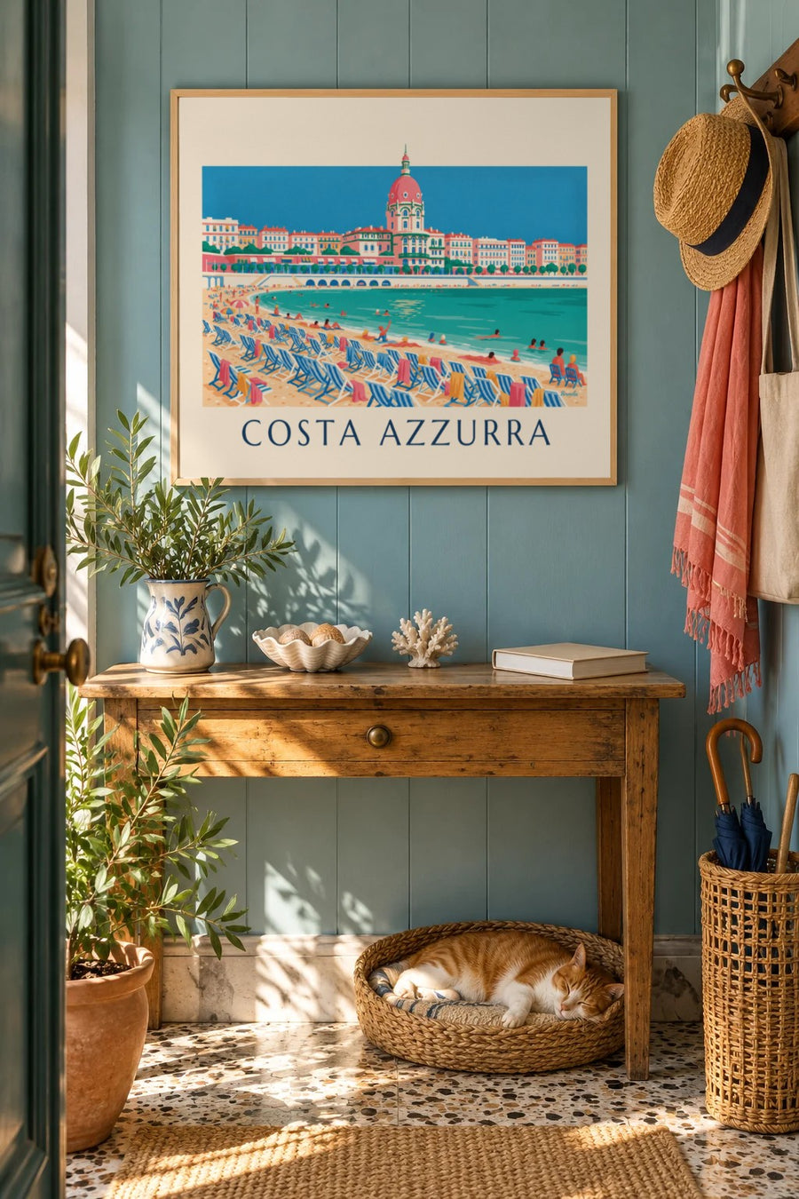Poster bagnanti e sdraio sotto la Promenade des Anglais a Nizza: incorniciato alla parete