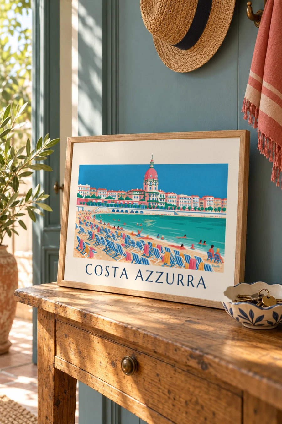 Poster bagnanti e sdraio sotto la Promenade des Anglais a Nizza: formato piccolo A4 con cornice