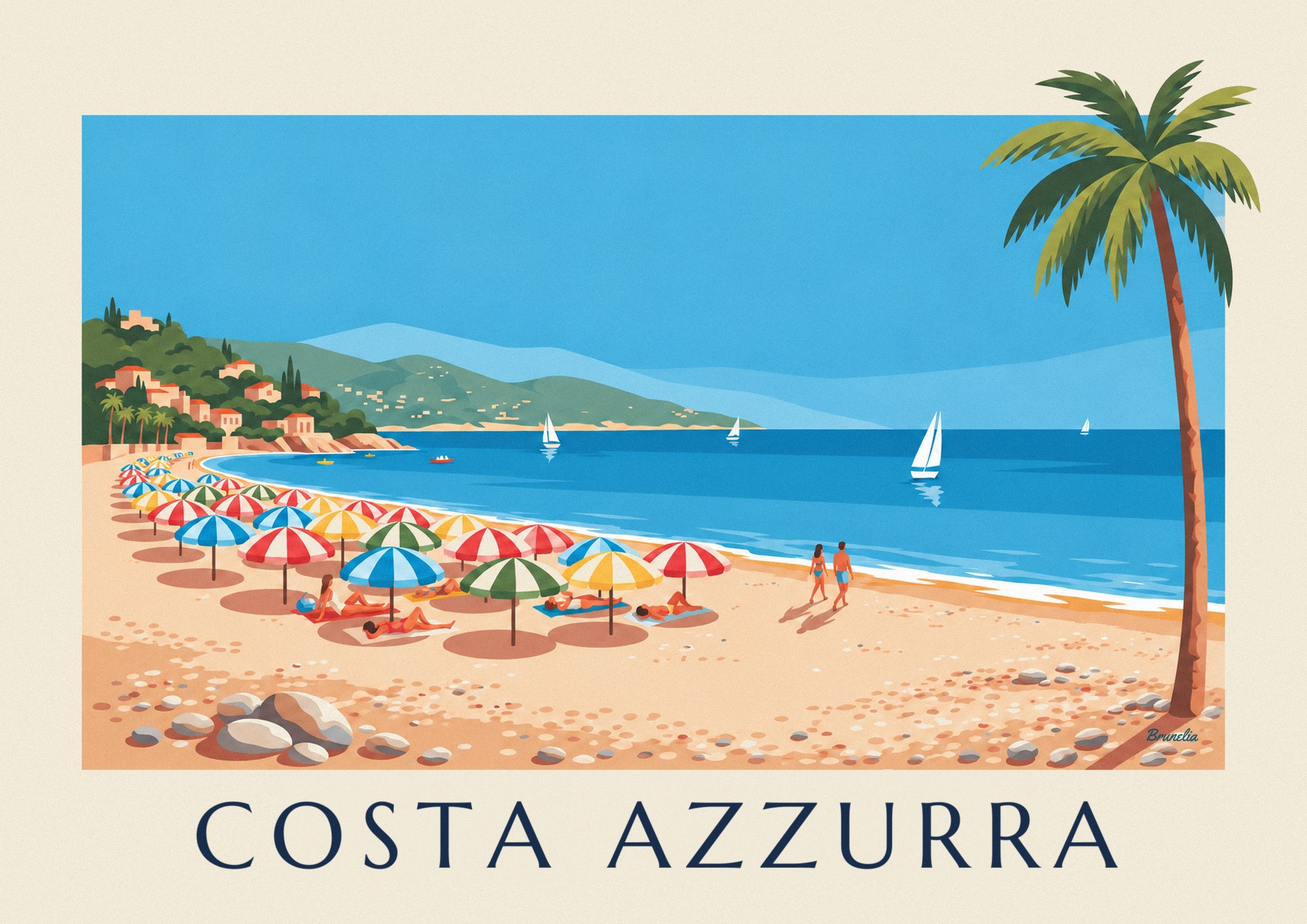 Poster ombrelloni colorati su una spiaggia di ciottoli della Costa Azzurra: dettaglio in primo piano