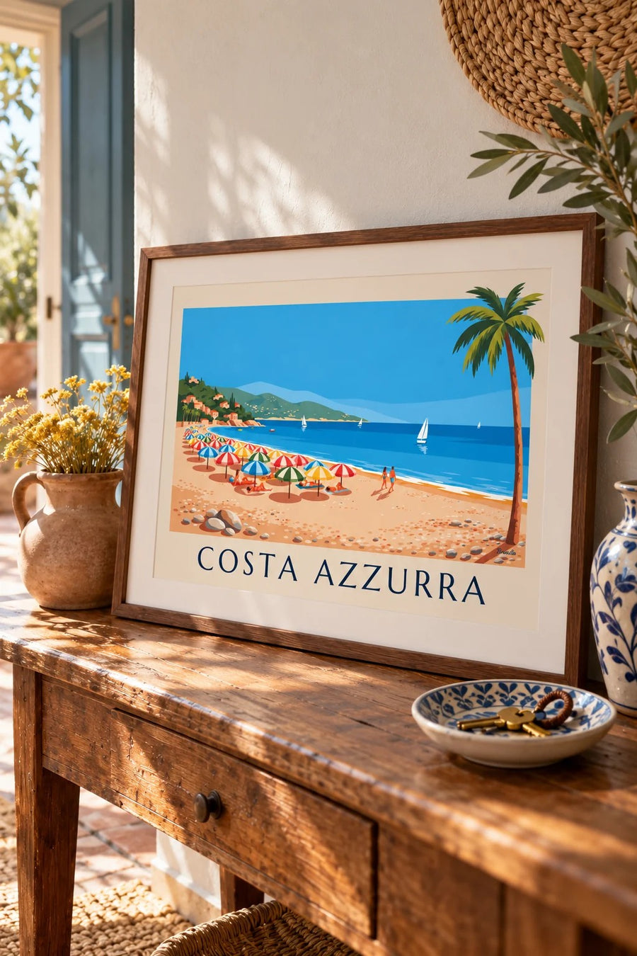 Poster ombrelloni colorati su una spiaggia di ciottoli della Costa Azzurra: piccolo formato A4 incorniciato