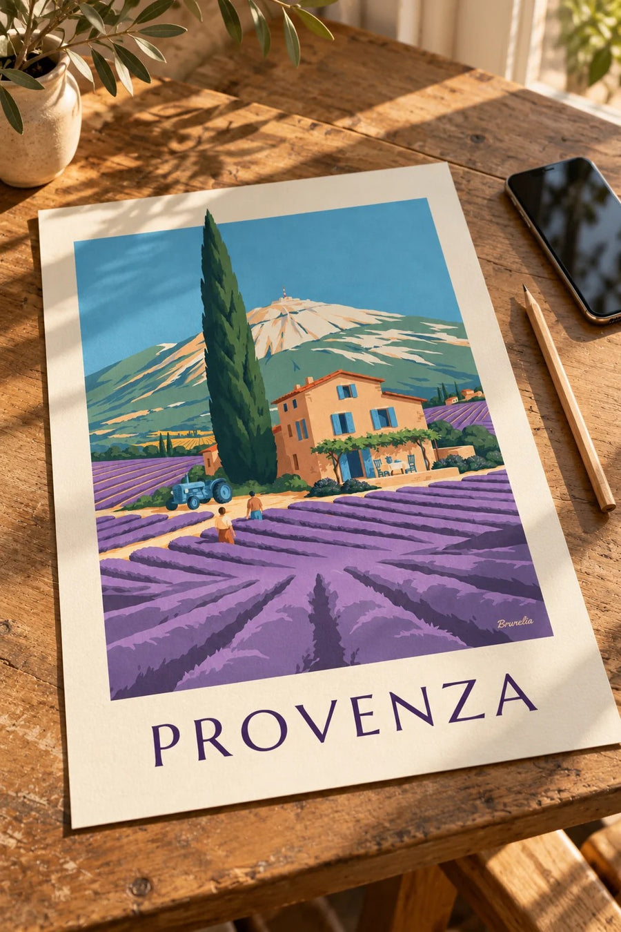 Poster mas provenzale tra i campi di lavanda: appoggiato su un tavolo