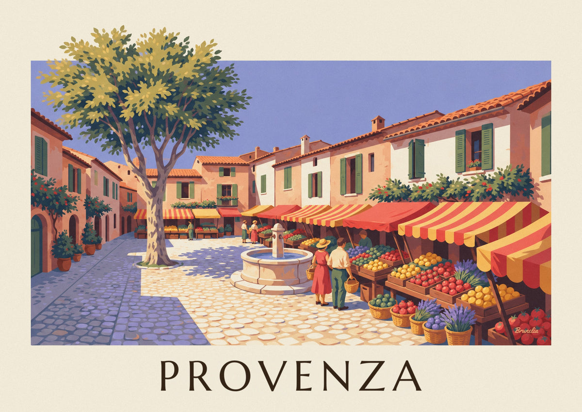Poster mercato provenzale con banchi di frutta e verdura