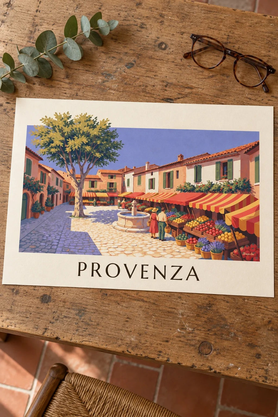 Poster mercato provenzale con banchi di frutta e verdura: appoggiato su un tavolo