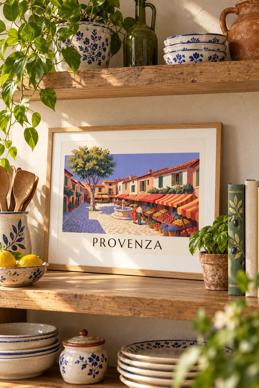 Poster mercato provenzale con banchi di frutta e verdura: formato piccolo A4 con cornice