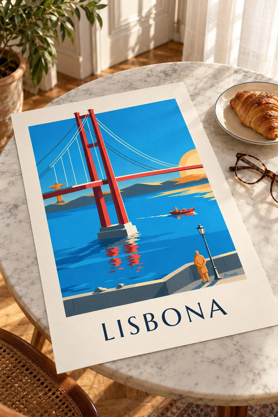 Poster ponte 25 Aprile sul Tago a Lisbona: appoggiato su un tavolo