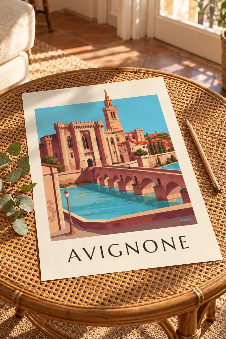 Poster Palazzo dei Papi e ponte Saint-Bénézet ad Avignone: appoggiato su un tavolo