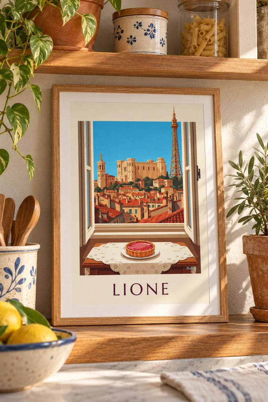 Poster torta alle praline rosa alla finestra di un salotto lionese: formato piccolo A4 con cornice