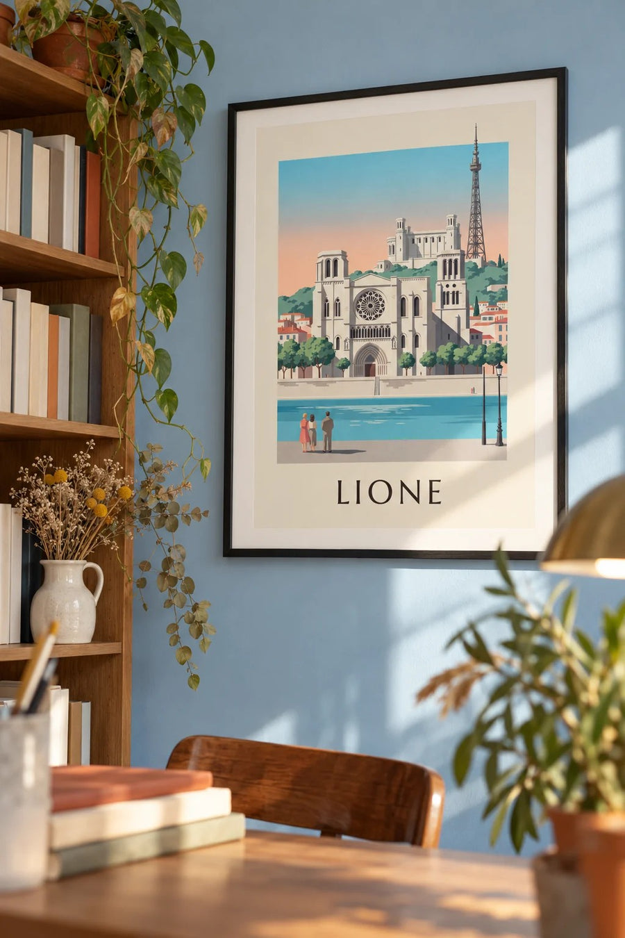 Poster cattedrale di Saint-Jean e lungofiume della Saona a Lione: appeso al muro con cornice