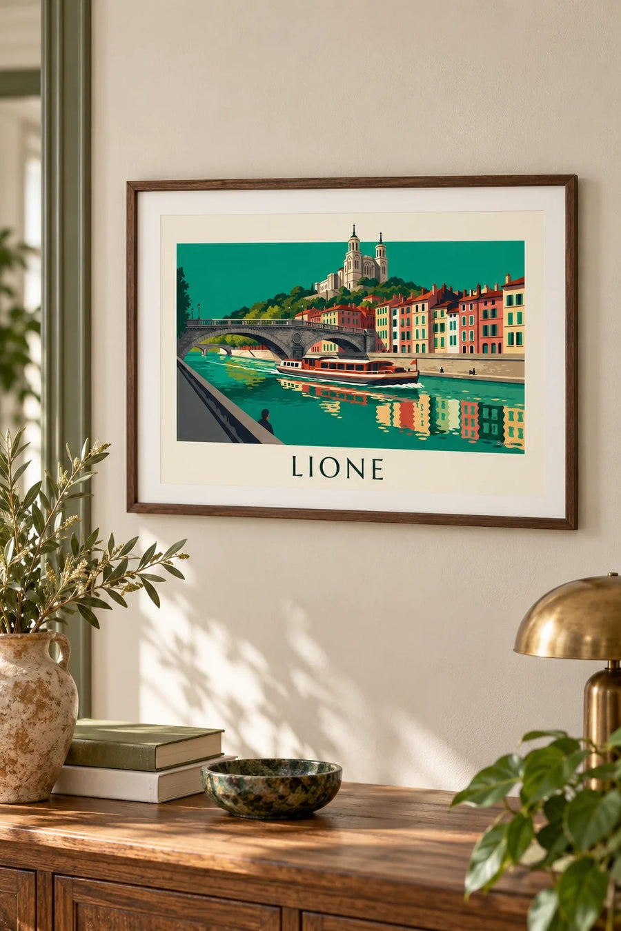 Poster barca sotto un ponte sulla Saona e Vieux Lyon: piccolo formato A4 incorniciato