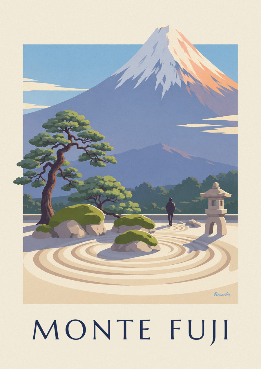 Poster giardino zen giapponese di fronte al monte Fuji