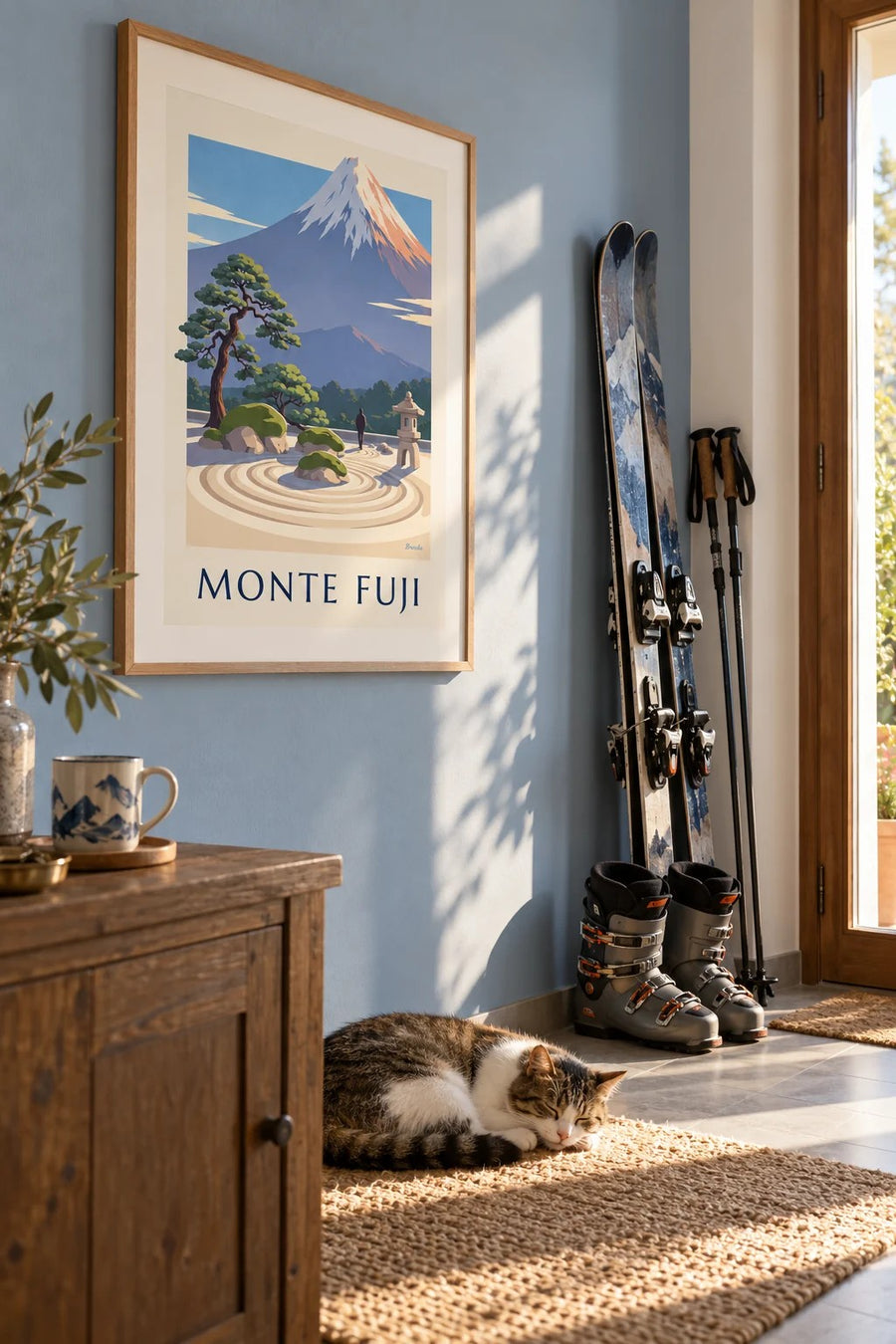 Poster giardino zen giapponese di fronte al monte Fuji: incorniciato al muro