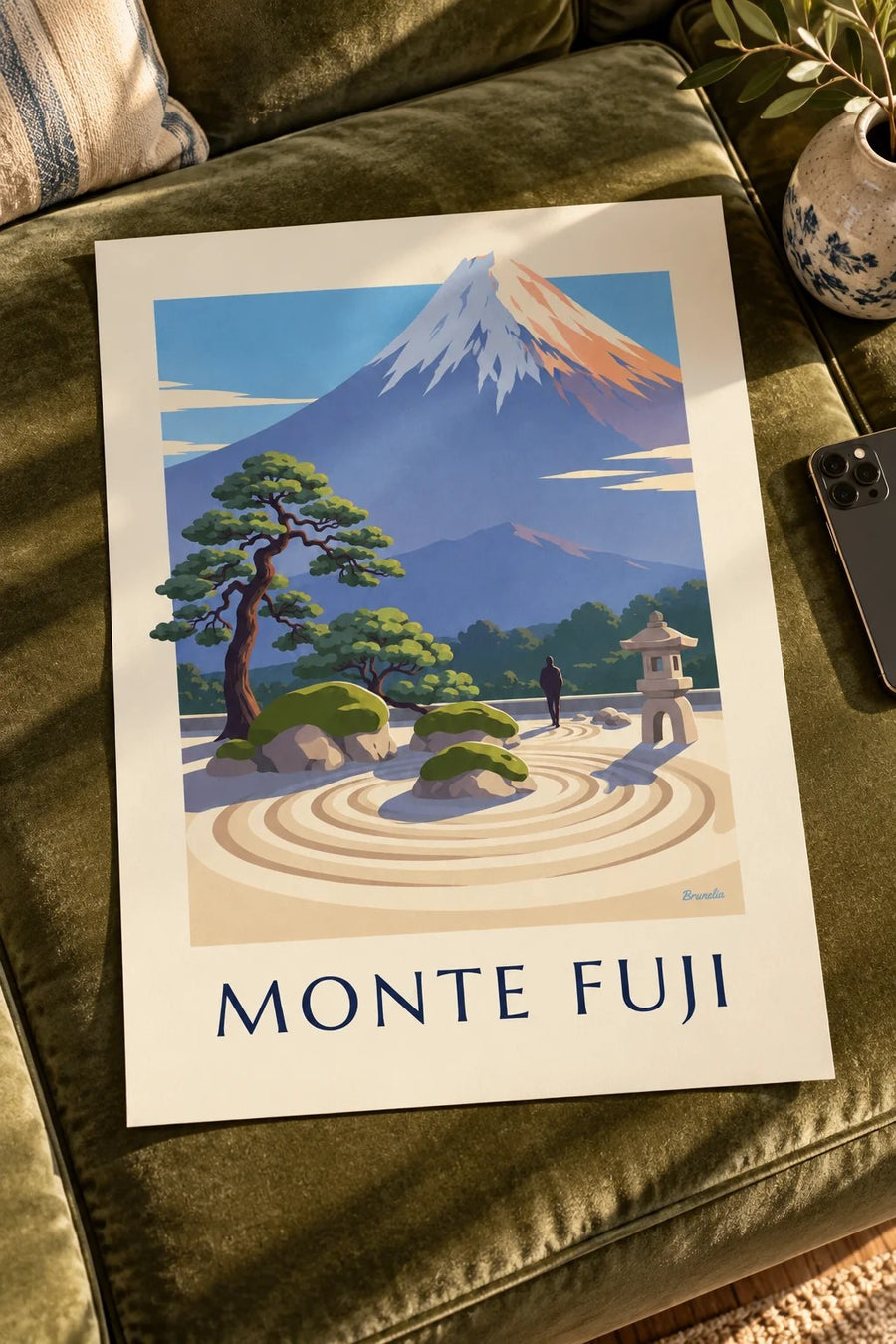 Poster giardino zen giapponese di fronte al monte Fuji: appoggiato su un tavolo