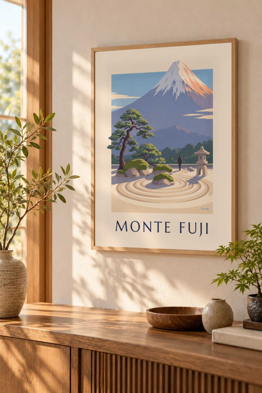 Poster giardino zen giapponese di fronte al monte Fuji: piccolo formato A4 con cornice