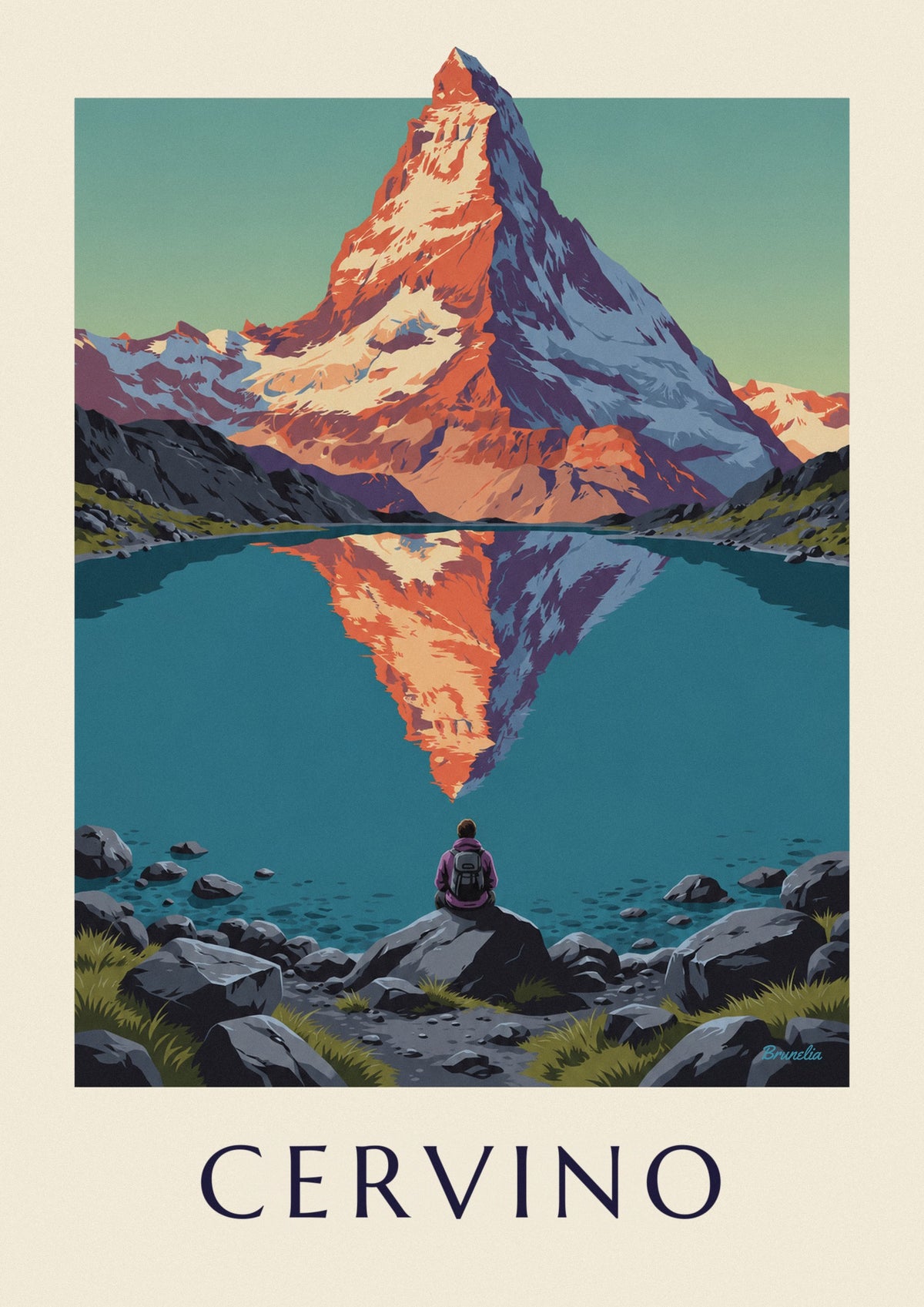 Poster Cervino al tramonto riflesso in un lago alpino