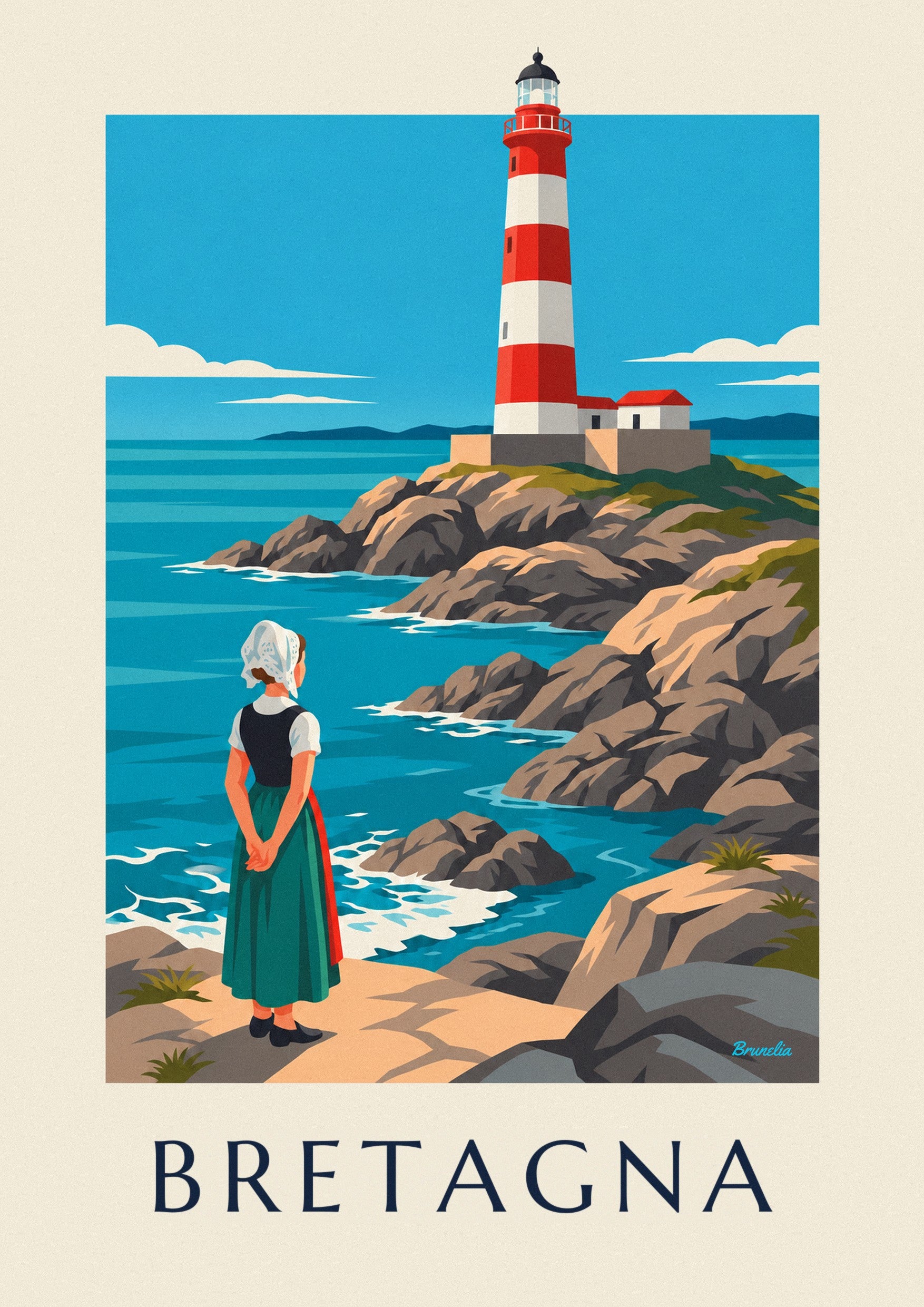 Poster donna con cuffia bretone davanti a un faro rosso e bianco: dettaglio in primo piano
