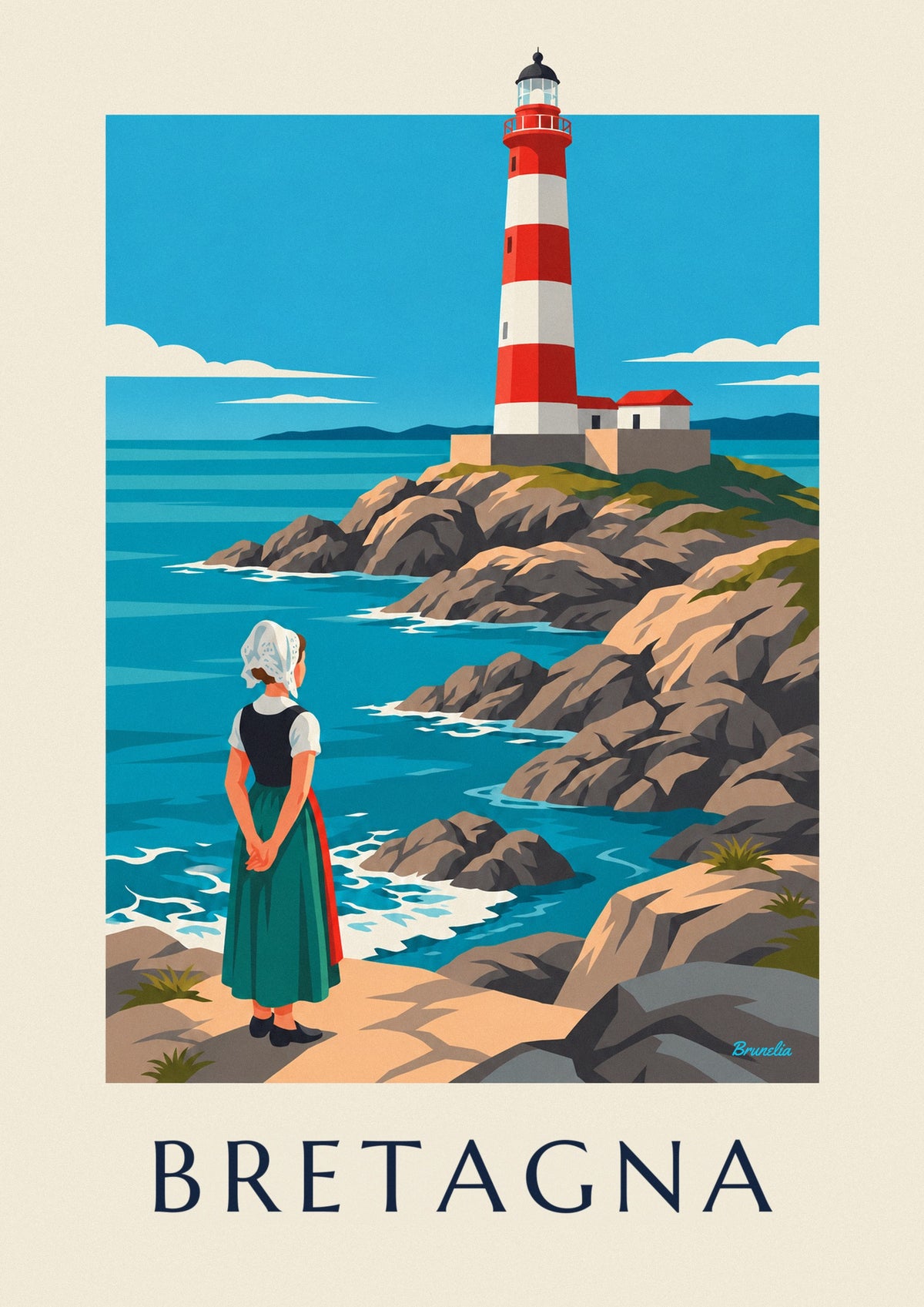 Poster donna con cuffia bretone davanti a un faro rosso e bianco