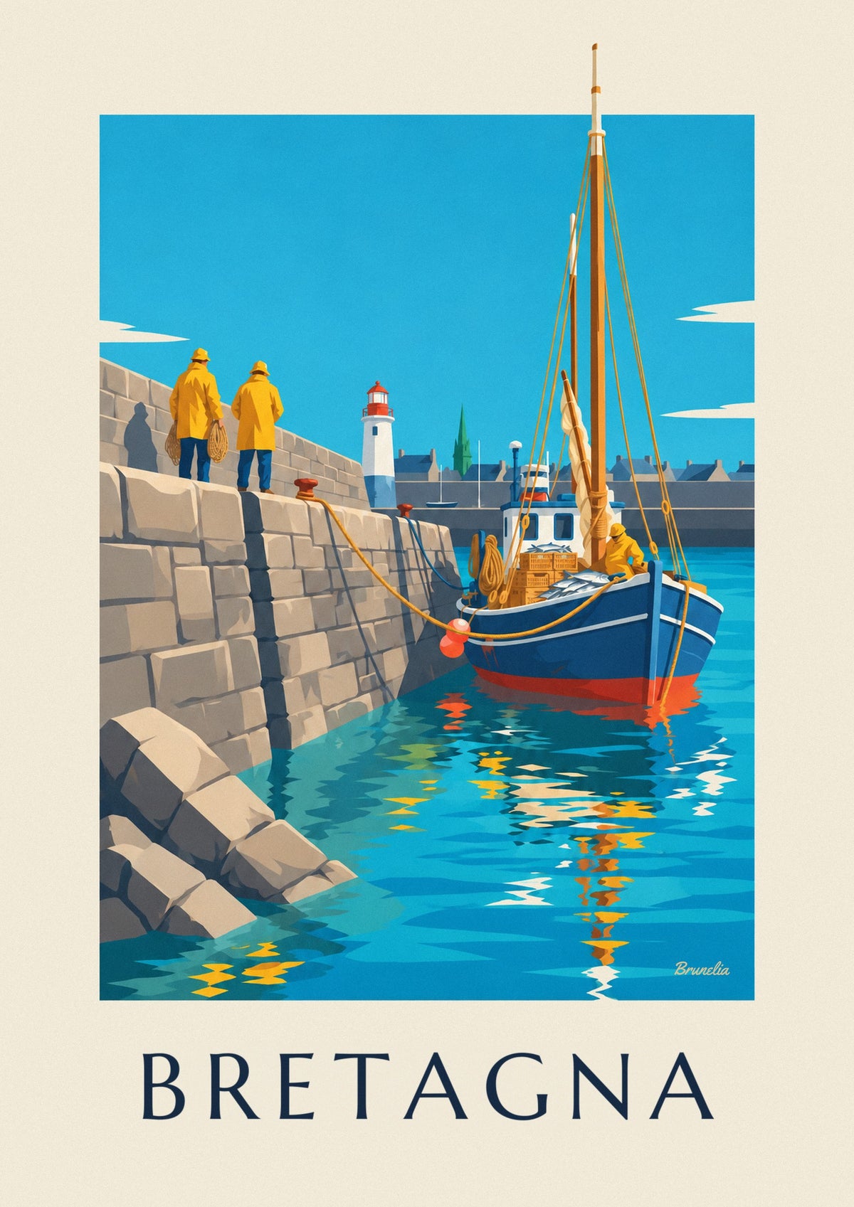 Poster peschereccio bretone che rientra nel porto di granito