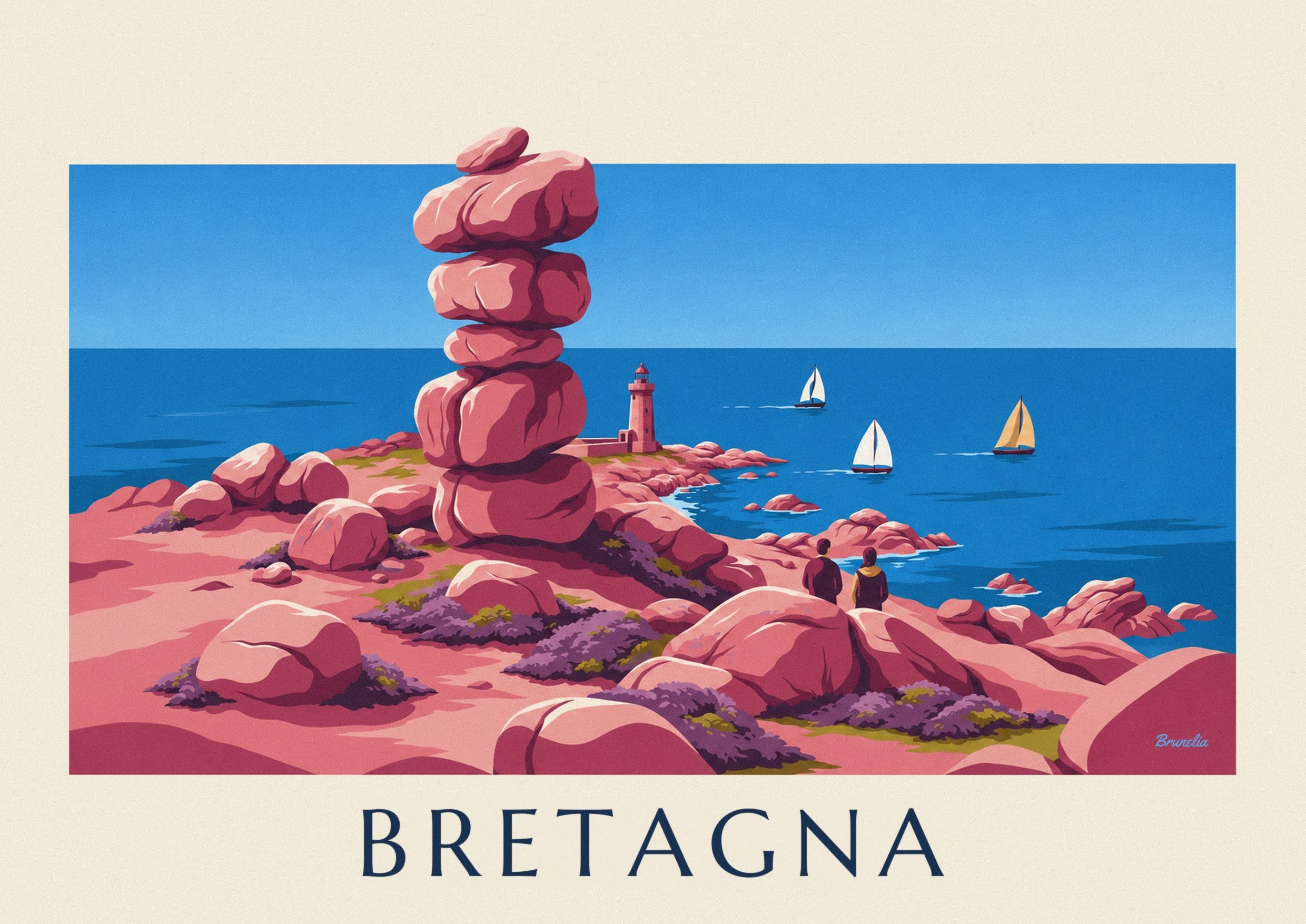 Poster costa di granito rosa, faro e barche a vela in Bretagna: dettaglio in primo piano
