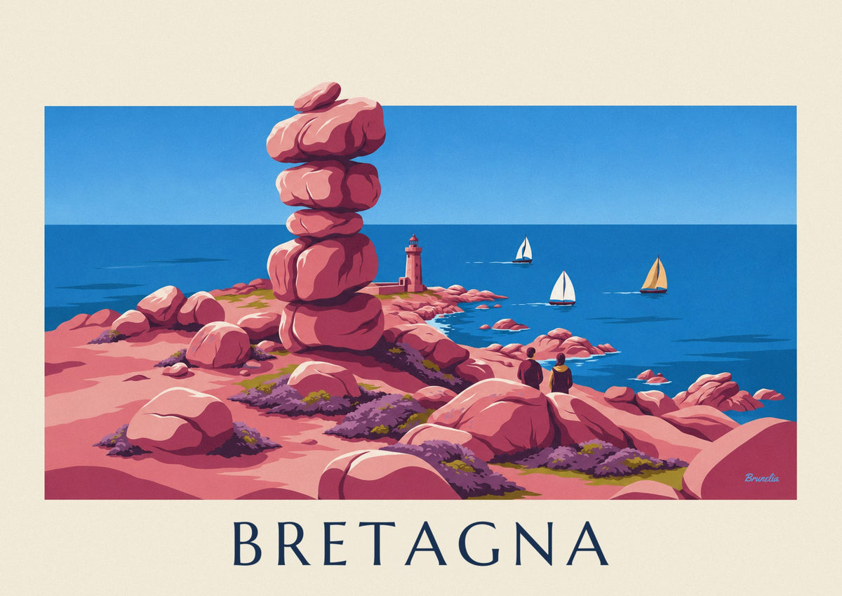 Poster costa di granito rosa, faro e barche a vela in Bretagna