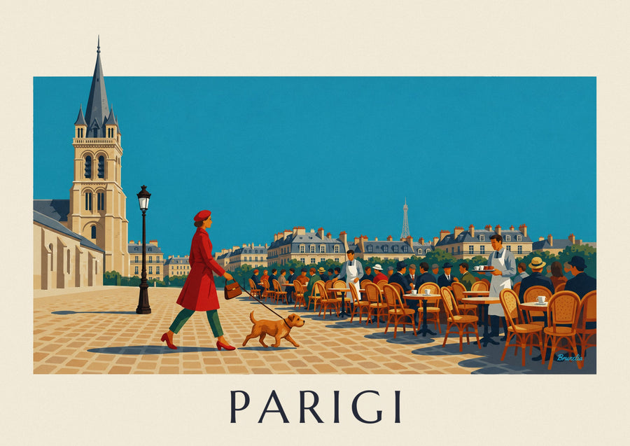 Poster donna con il suo cane in place Saint-Germain-des-Prés a Parigi