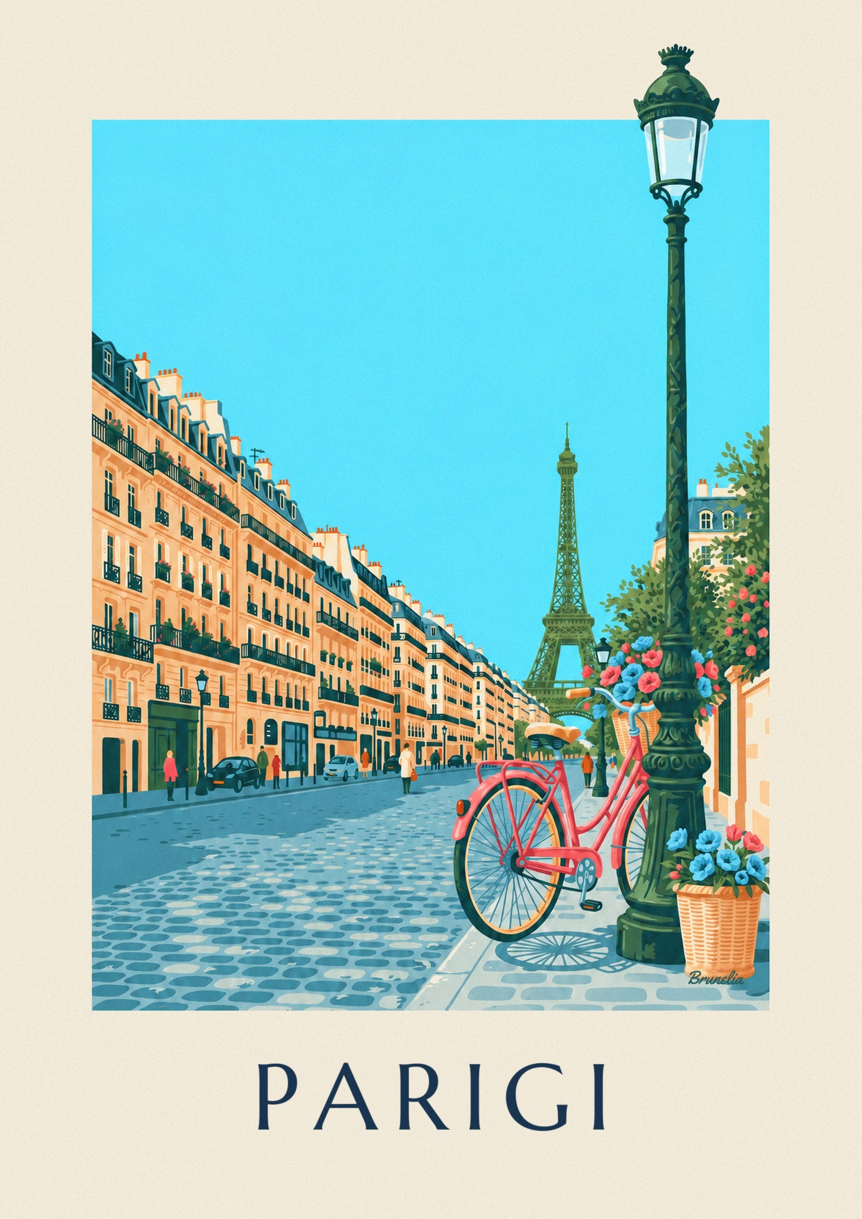 Poster bicicletta con cestino in vimini fiorito in una strada di Parigi: dettaglio in primo piano