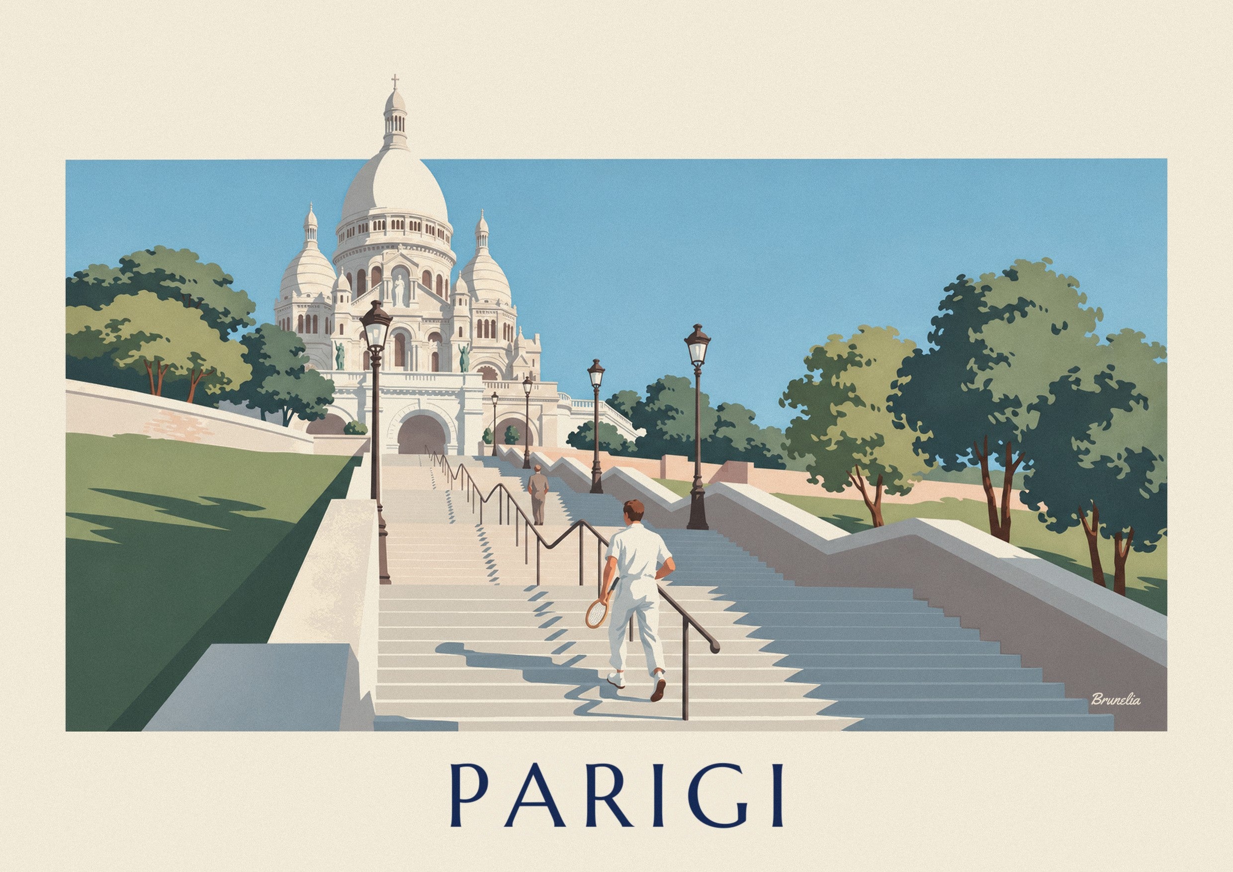 Poster tennista che sale i gradini del Sacré-Cœur: dettaglio in primo piano