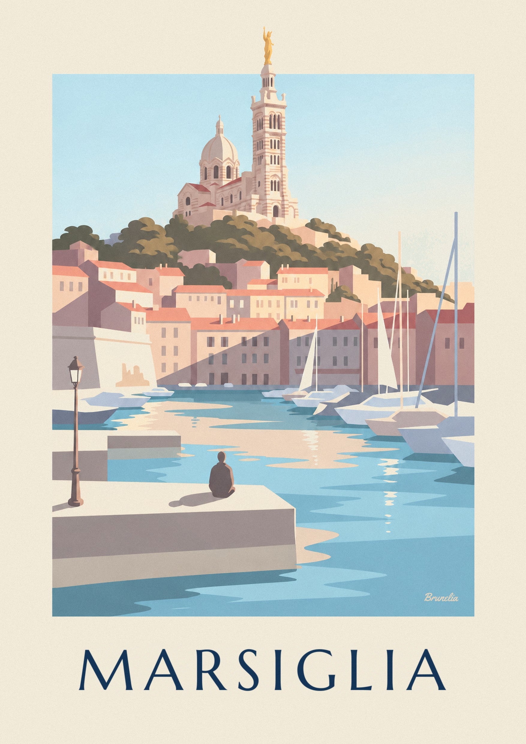 Poster velieri del Vieux-Port sotto Notre-Dame-de-la-Garde a Marsiglia: dettaglio in primo piano