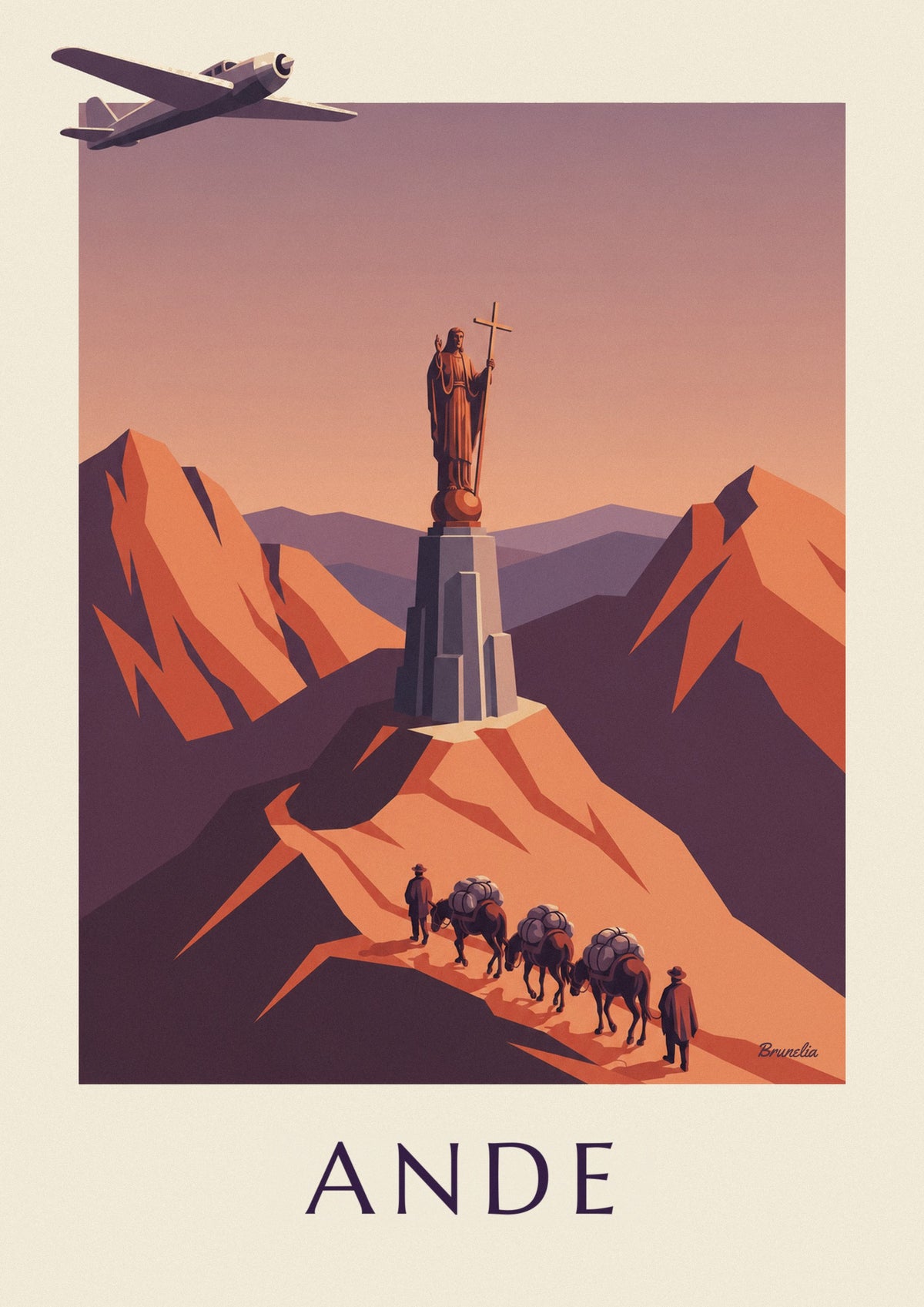 Poster aereo postale e carovana di muli sulle Ande