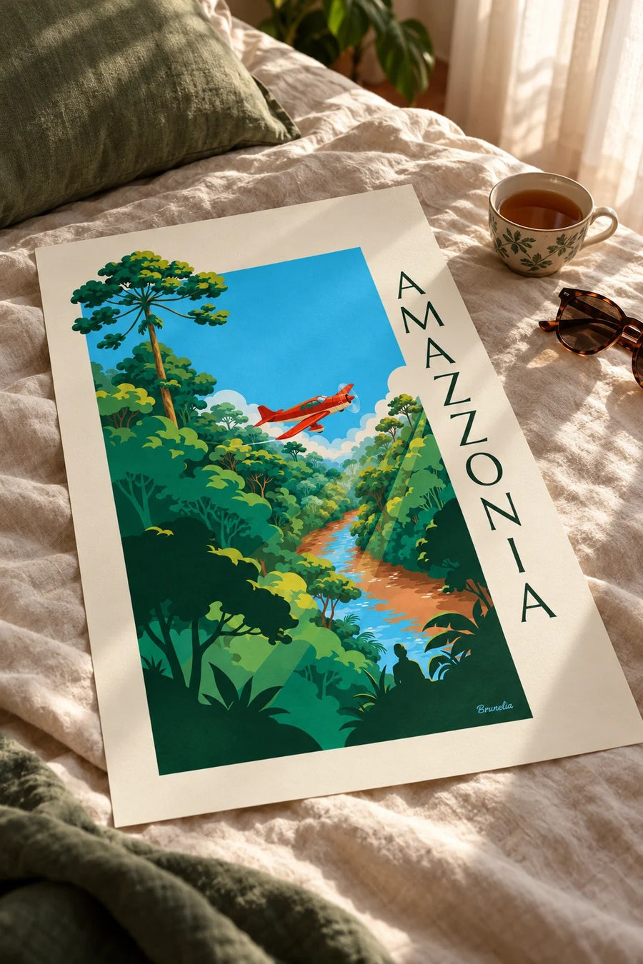 Poster aereo a elica in volo sulla foresta amazzonica: appoggiato su un tavolo