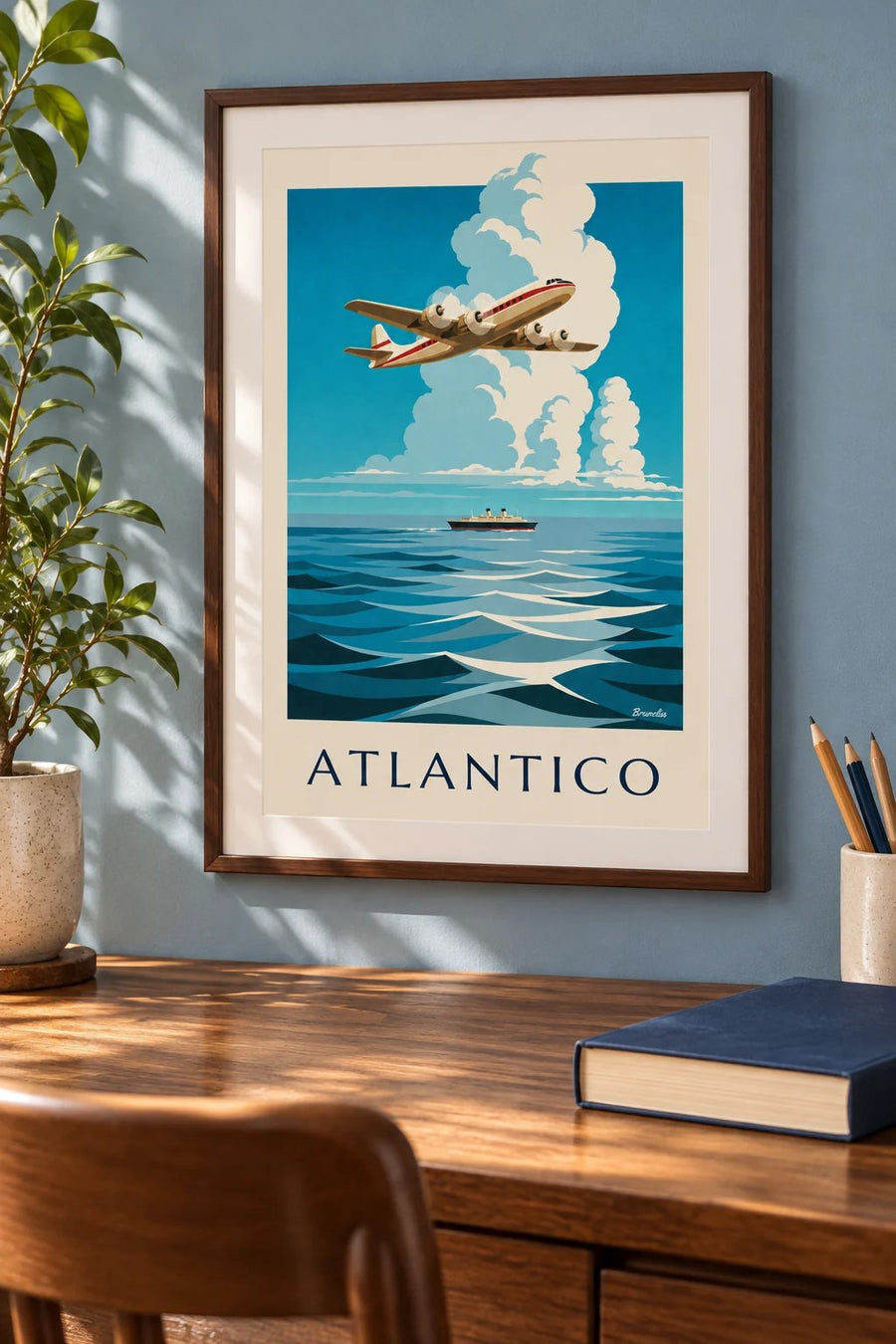 Poster aereo quadrimotore sopra l'Atlantico: piccolo formato A4 incorniciato