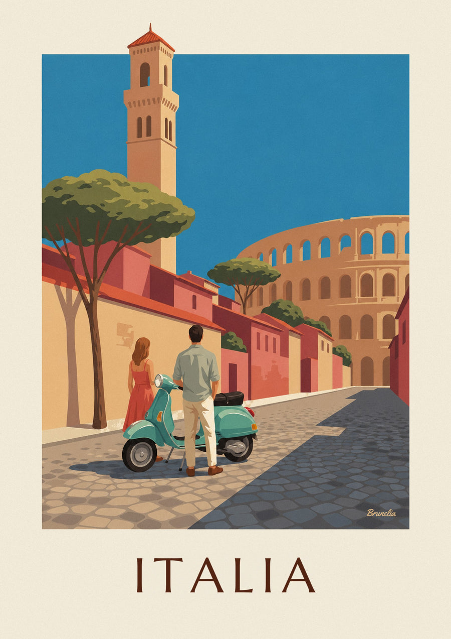 Poster coppia e scooter verde acqua davanti al Colosseo a Roma