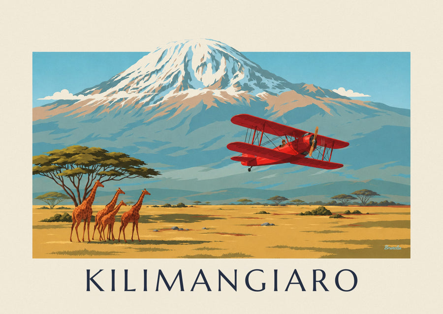Poster biplano in volo sulla savana e il Kilimangiaro