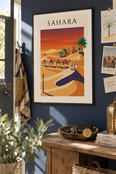 Poster di carovana di dromedari nel Sahara algerino: incorniciato alla parete