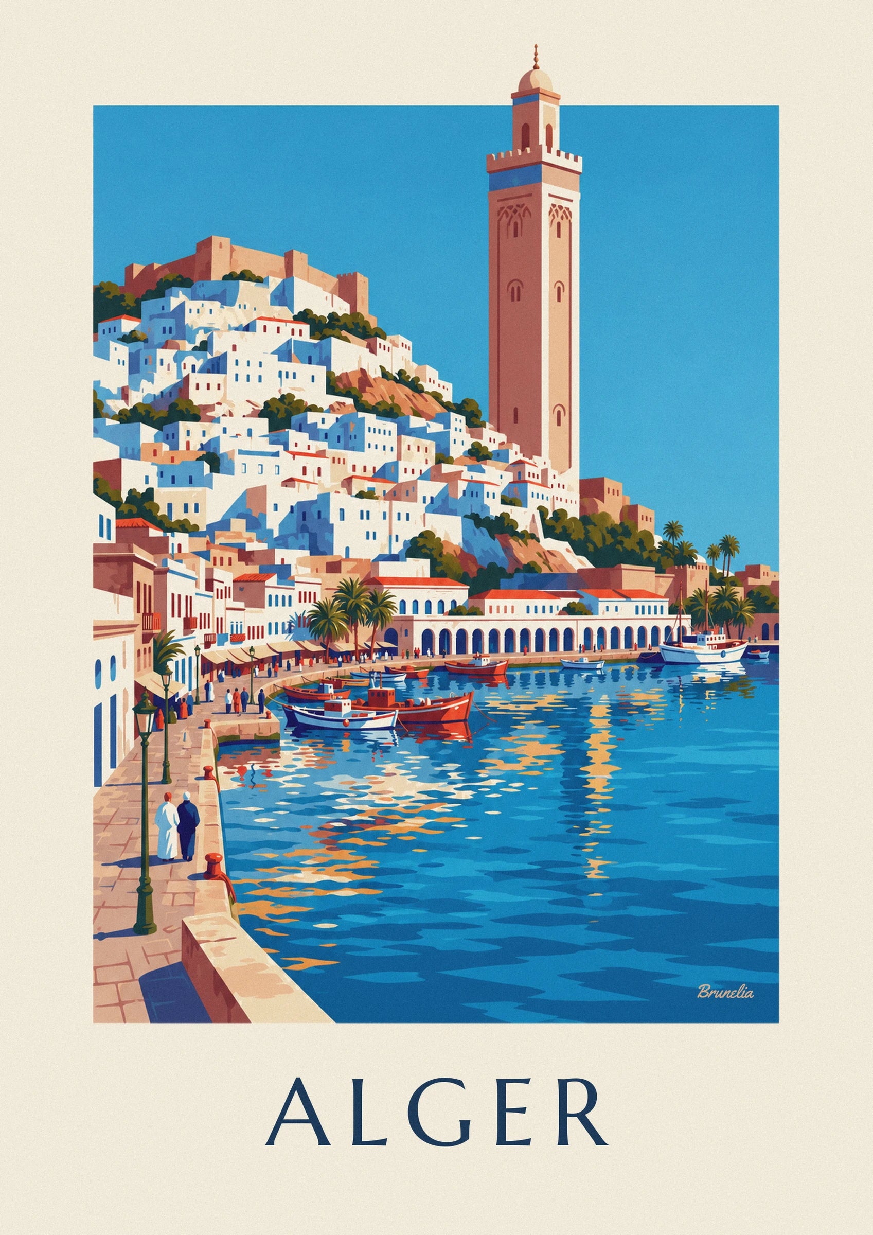 Whitewashed Algiers Casbah descending to the Mediterranean poster: close-up detail
