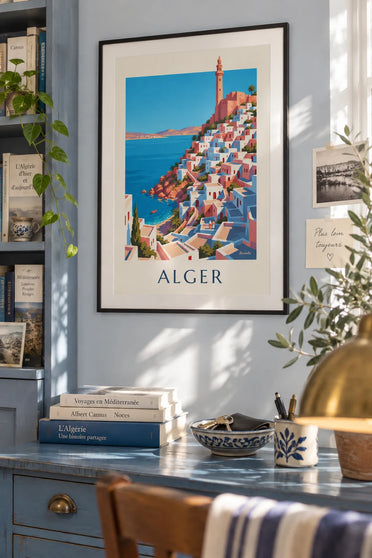 Poster of the white Casbah of Algiers descending to the Mediterranean: framed on the wall