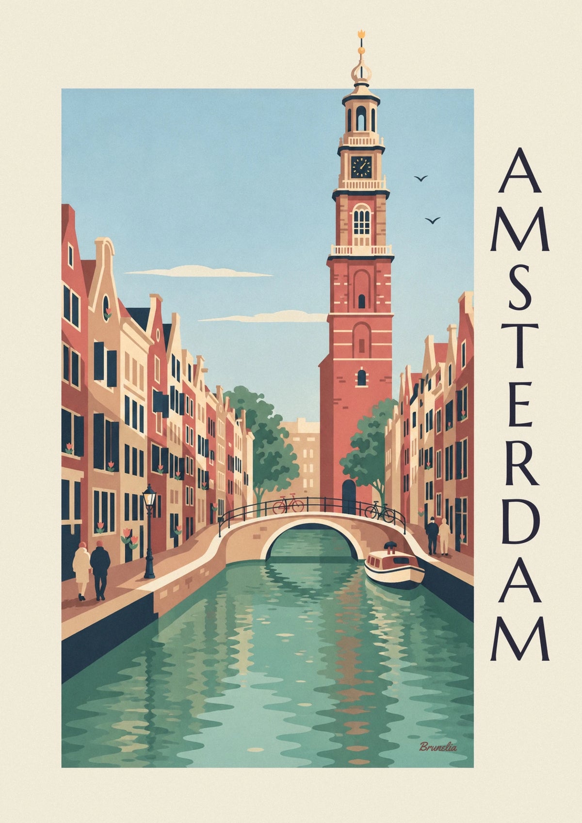 Amsterdam canal with gabled houses and bicycles on the bridge poster