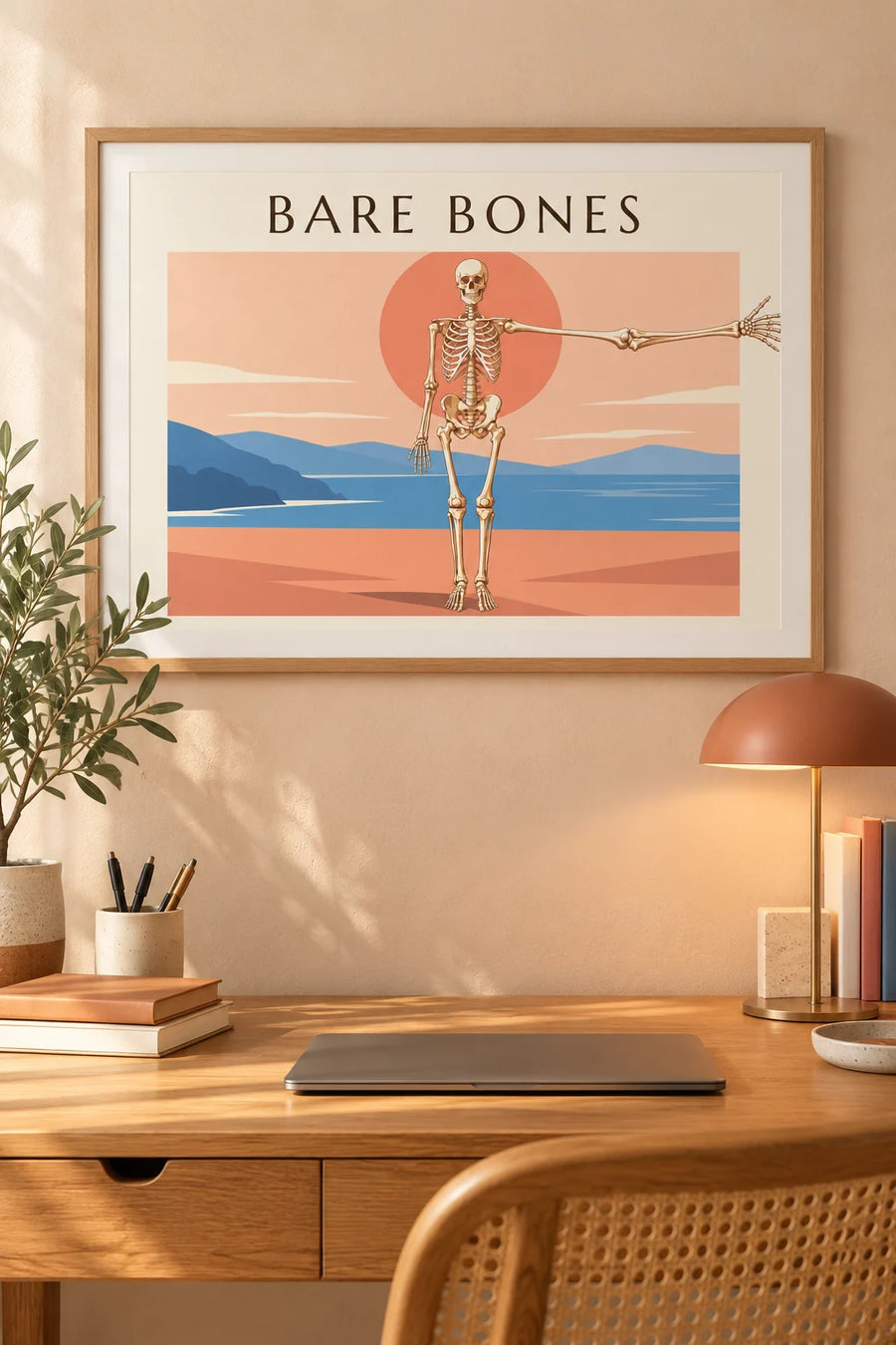 Poster tavola anatomica dello scheletro umano di fronte: incorniciato al muro