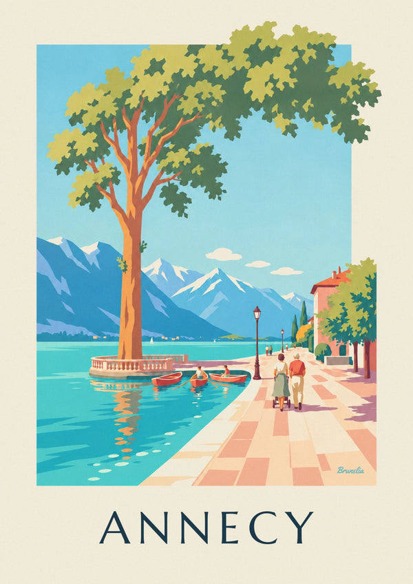 Poster passeggiata sul lago di Annecy sotto i platani