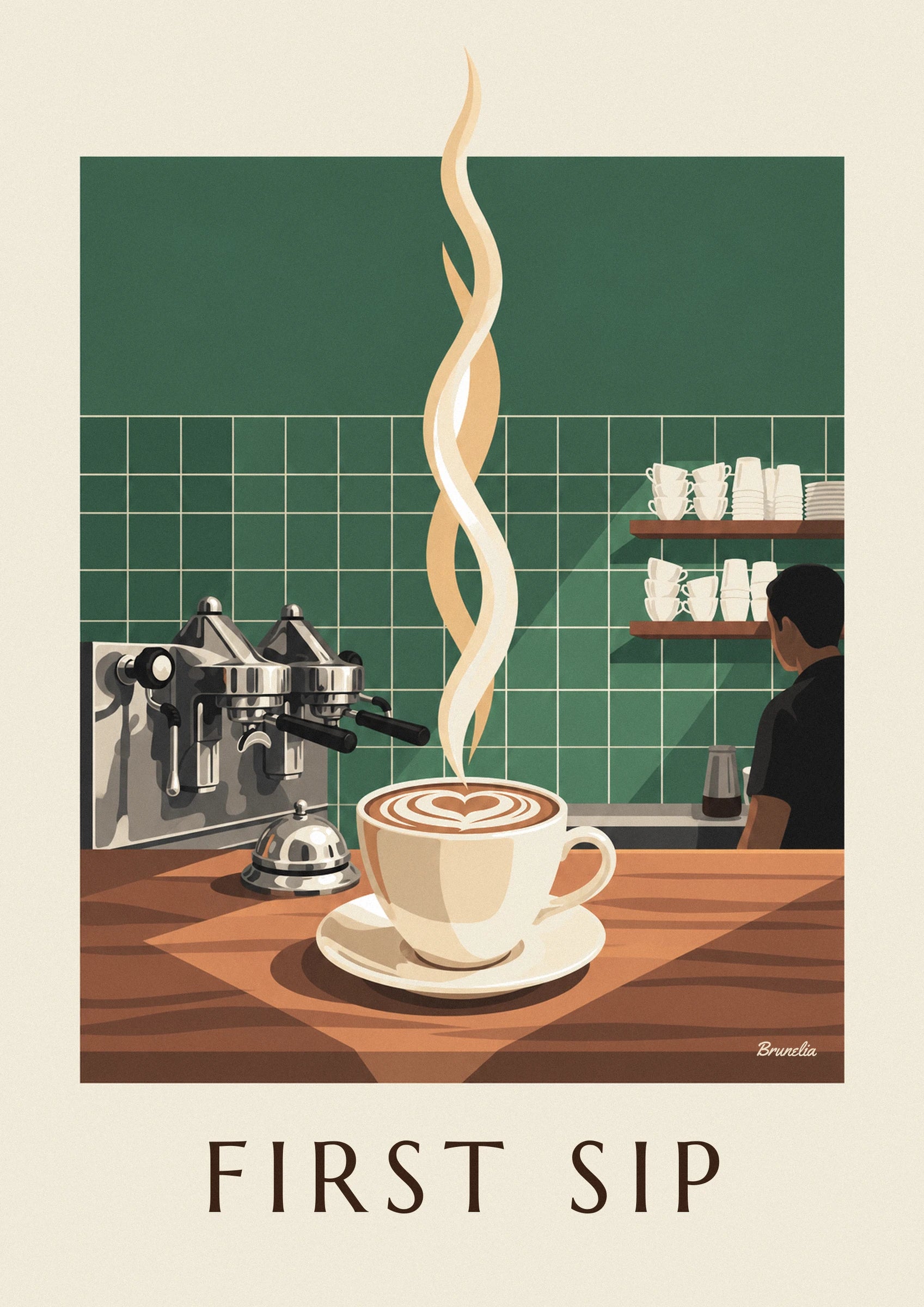 Il cappuccino con il cuore di schiuma sul piattino, con il vapore dorato sopra il bancone di legno
