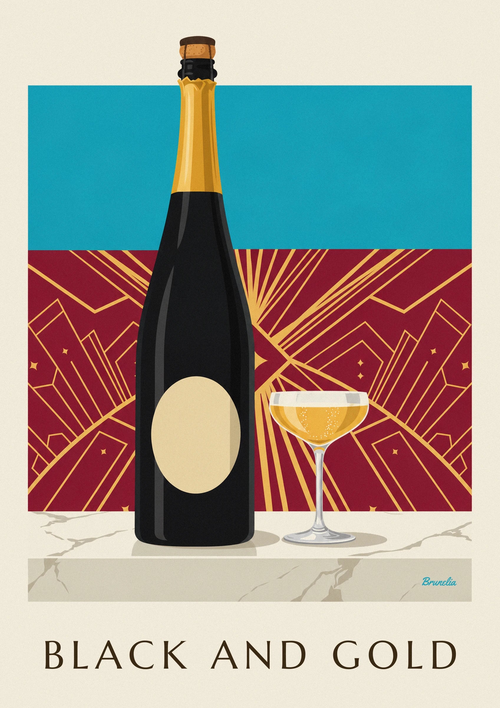 Black and gold brut champagne bottle poster: close-up detail
