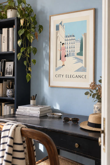 Poster donna raffinata davanti a una facciata di città in nero e pastello: incorniciato alla parete