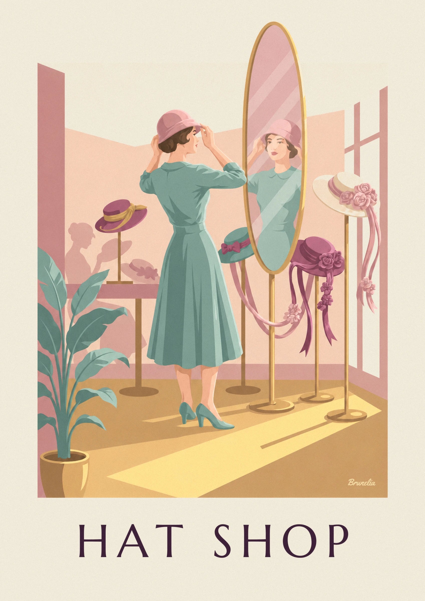 Una donna in abito verde che si aggiusta il cappello rosa davanti allo specchio della modista