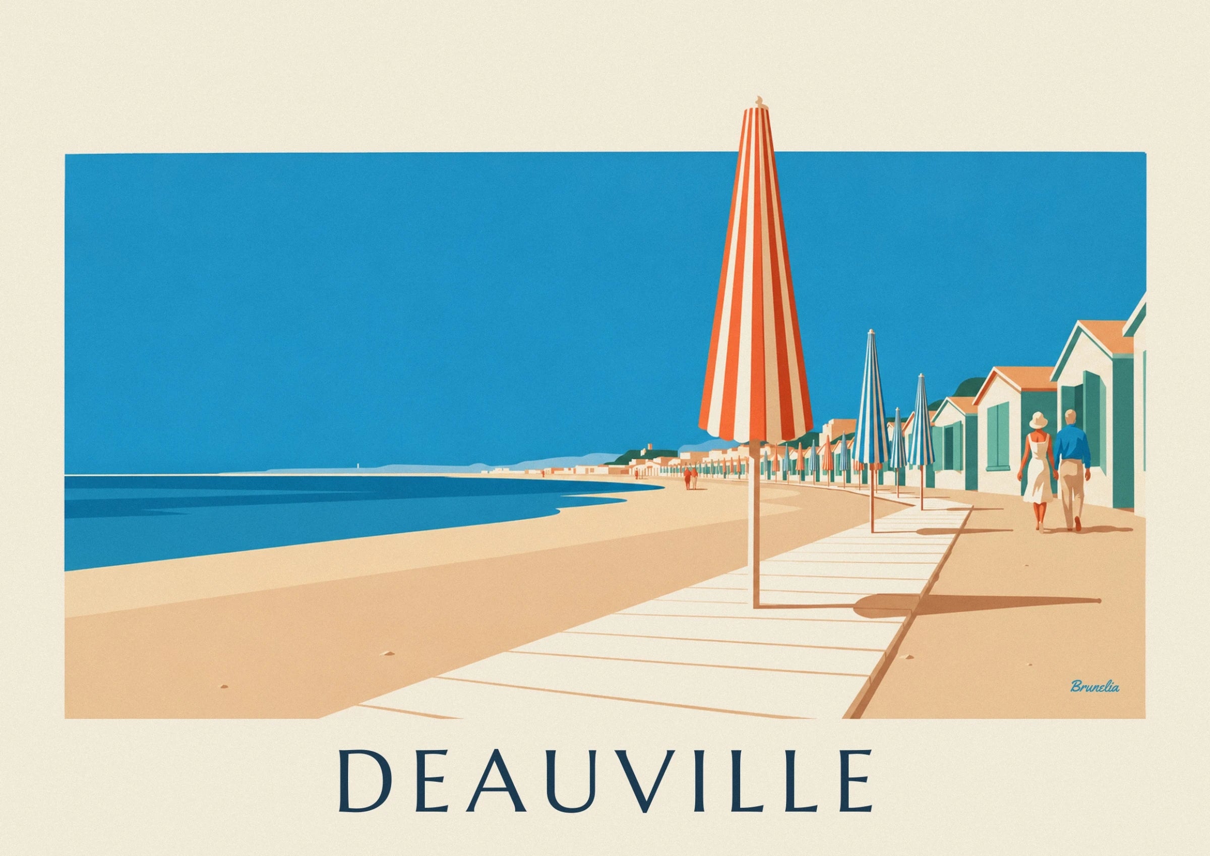 Il grande ombrellone a righe arancioni e crema davanti agli ombrelloni blu e alle Planches di Deauville
