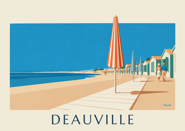 Deauville beach colorful parasols and boardwalk poster