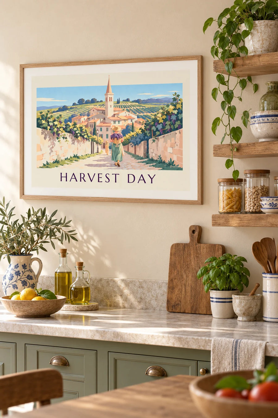 Poster vendemmiatrice con la sua gerla d'uva in un vicolo di paese : incorniciato alla parete
