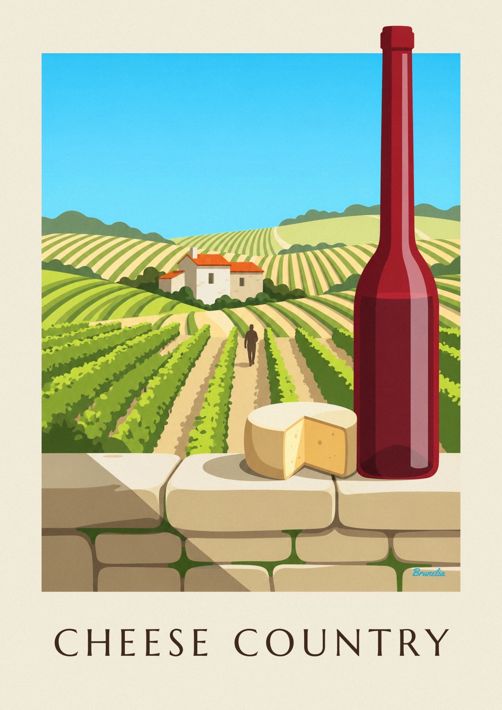 A partly cut wheel of cheese and a bottle of red wine in front of the vines