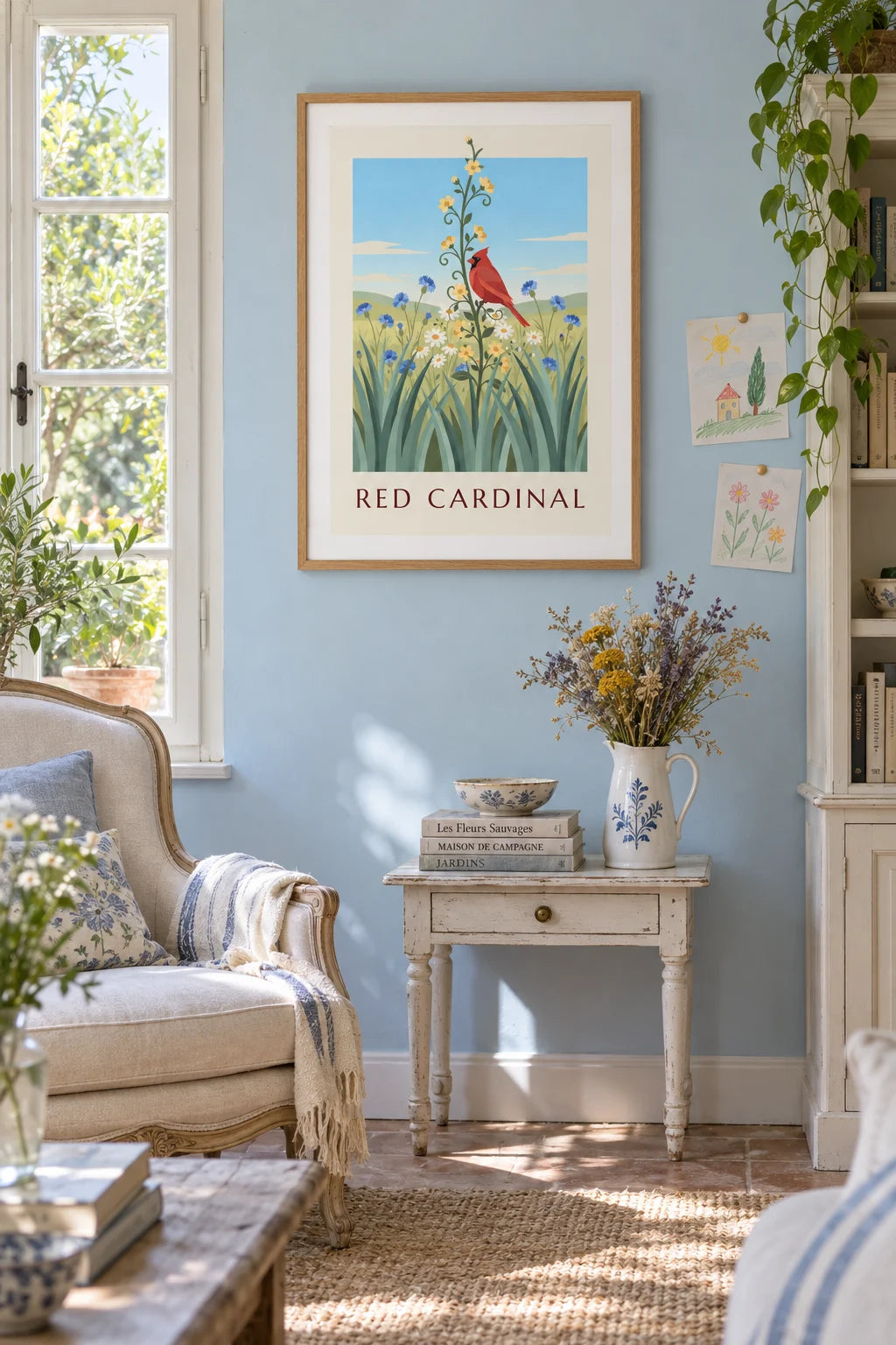 Mise en situation de Affiche cardinal rouge et fleurs sauvages