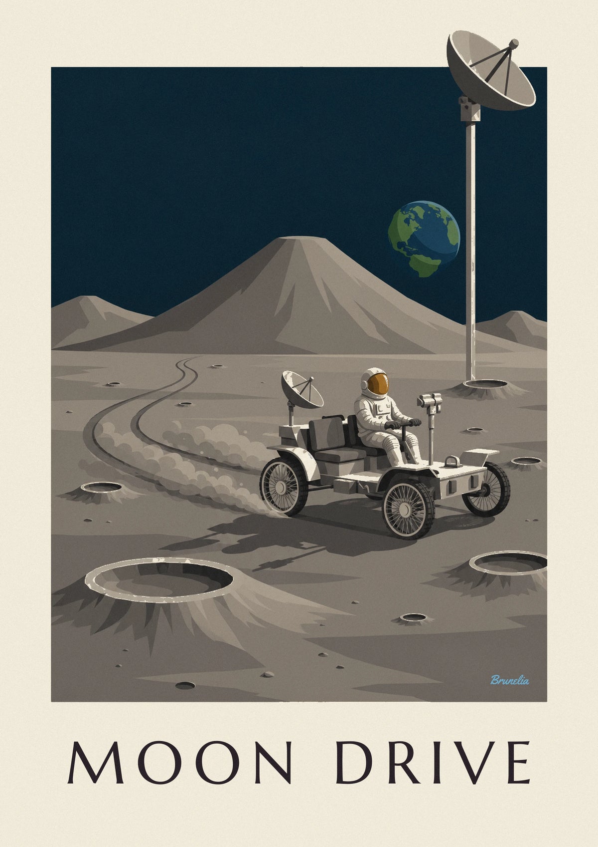Poster rover lunare che corre tra i crateri della Luna