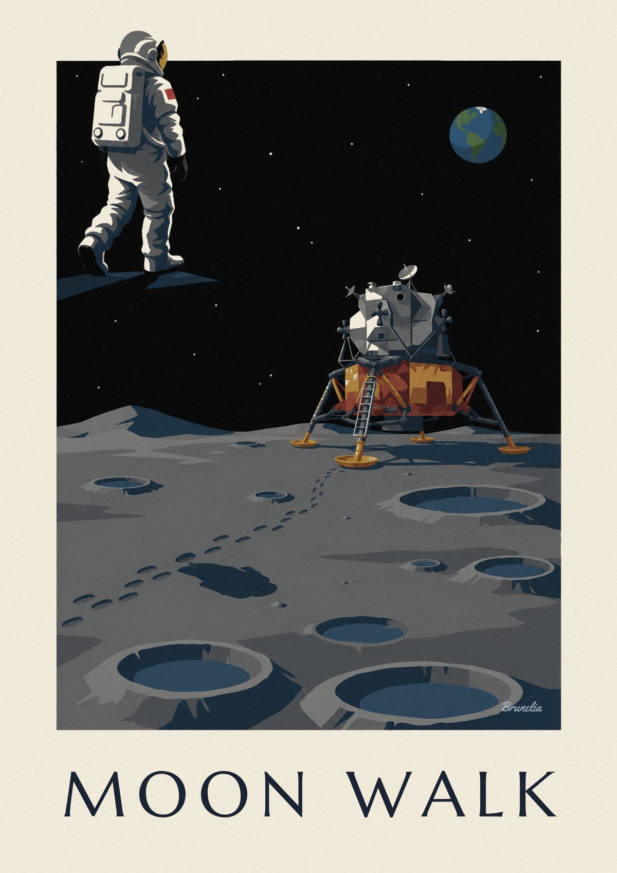 Poster astronauta che cammina verso il modulo lunare sulla Luna